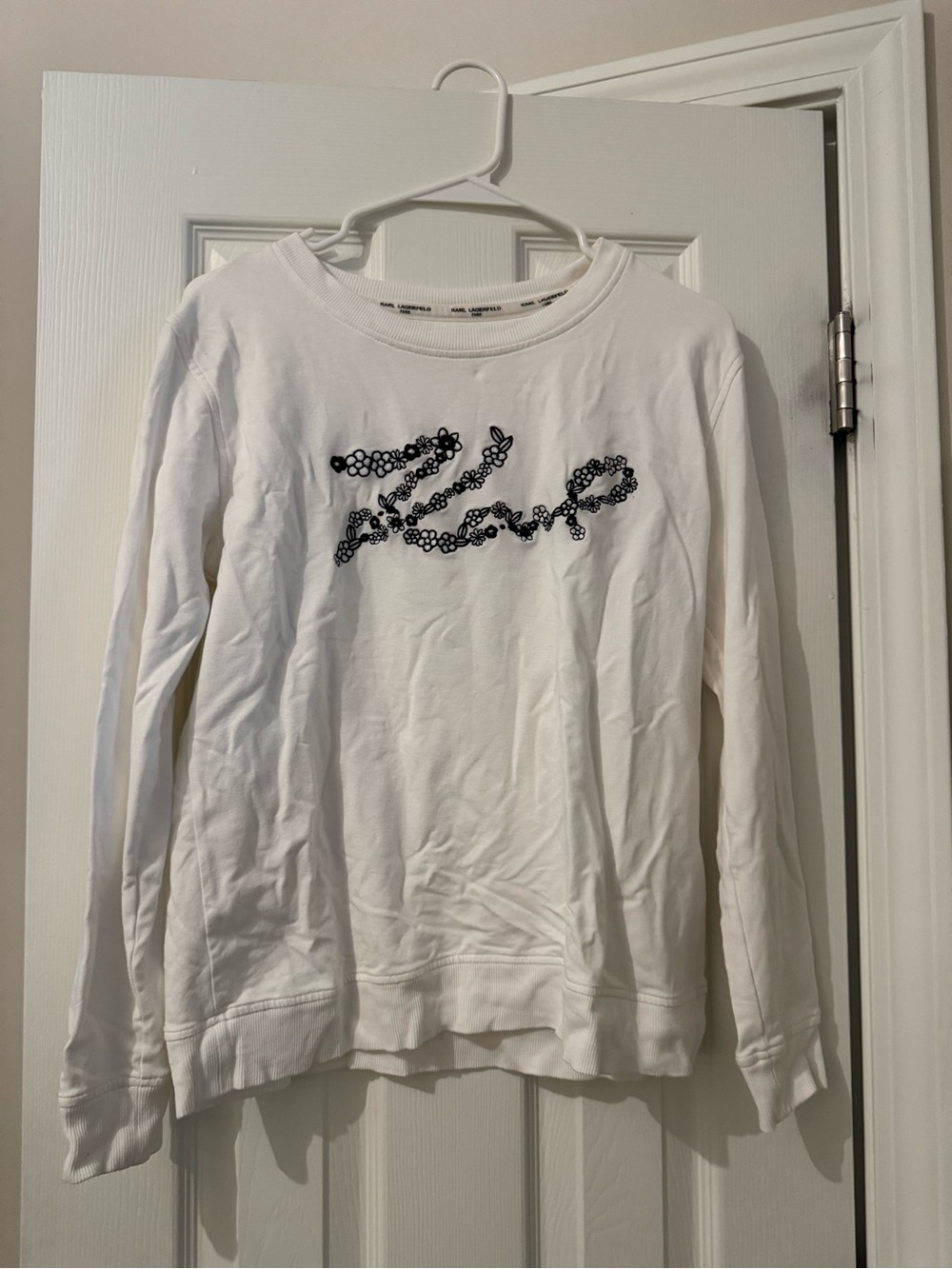 Karl Lagerfeld White Crewneck Sweatshirt with Navy Floral Script